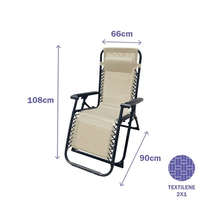 Marbueno Chaise Longue Pliante Acier Avec Coussin Jardin et Piscine 90X66X108 cm Gravité Zéro Beige 10005