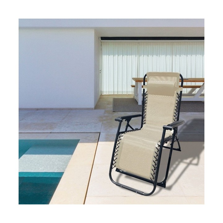 Marbueno Chaise Longue Pliante Acier Avec Coussin Jardin et Piscine 90X66X108 cm Gravité Zéro Beige 10005