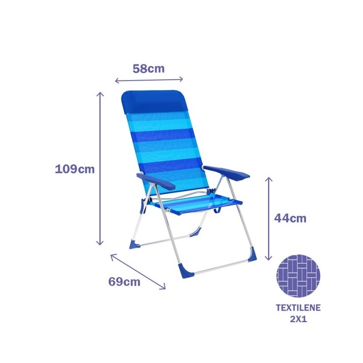Marbueno Chaise Pliante 5 Positions Aluminium avec Coussin Rayures Bleues Plage et Piscine 69X58X109 cm 10248