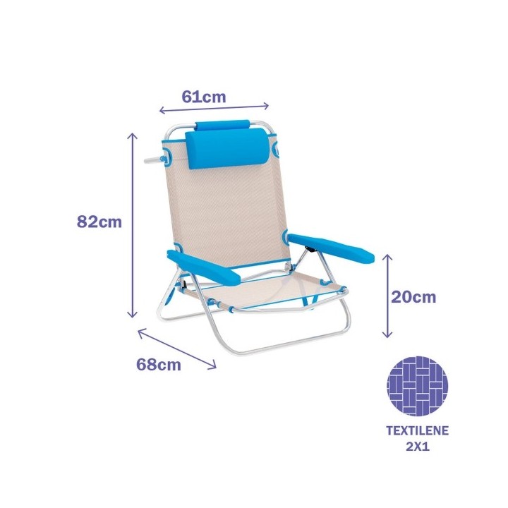 "Marbueno Chaise Pliante 5 Positions Aluminium avec Coussin Beige/Bleu Plage et Piscine 10172"