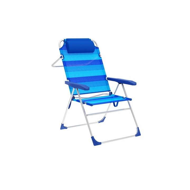 Marbueno Chaise Pliante 5 Positions Aluminium avec Coussin Rayures Bleues Plage et Piscine 67X66X99 cm 10246