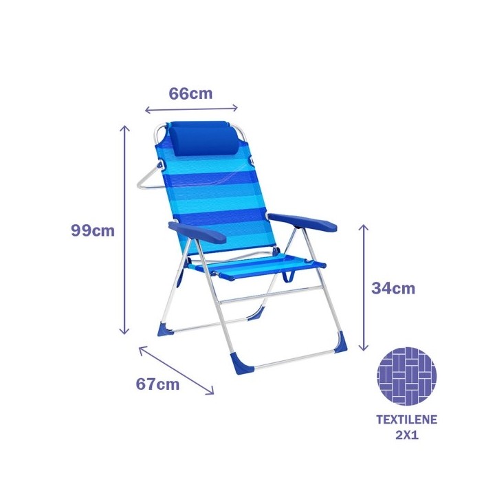 Marbueno Chaise Pliante 5 Positions Aluminium avec Coussin Rayures Bleues Plage et Piscine 67X66X99 cm 10246