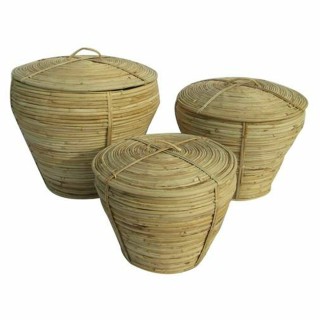 Panier Multi usages DKD Home Decor Naturel Tropical 35 x 35 x 30 cm 35 x 35 x 34 cm 37 x 37 x 34,5 cm Avec couvercle 3 Pièces