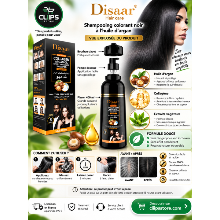 DISAAR Shampooing colorant noir 400 ml à l'huile d'argan