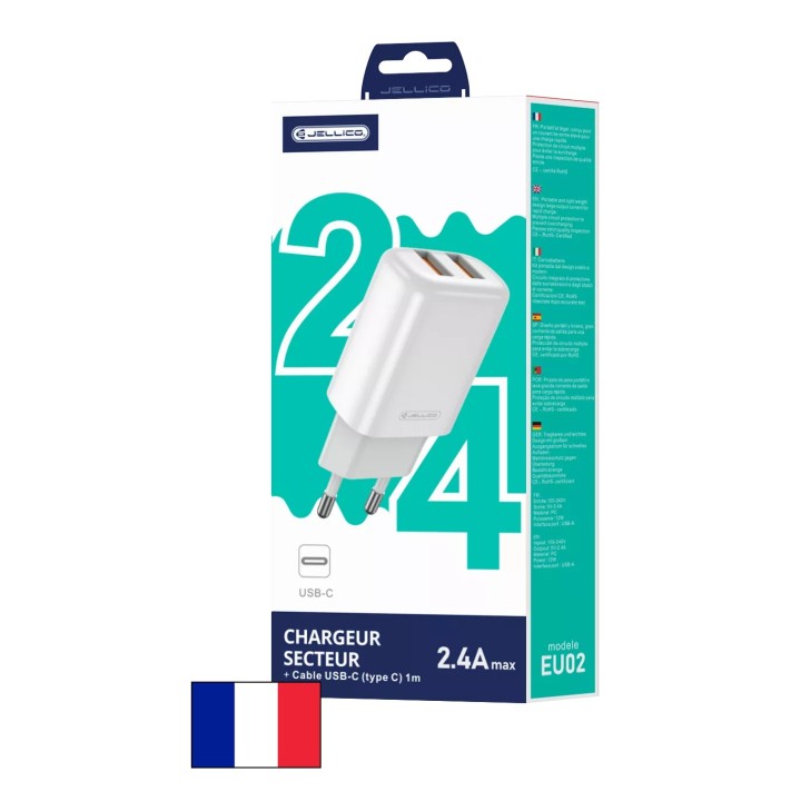 Adaptateur secteur Usb (2.4 A) double port avec cable Usb vers Usb-C JELLICO EU02 blanc