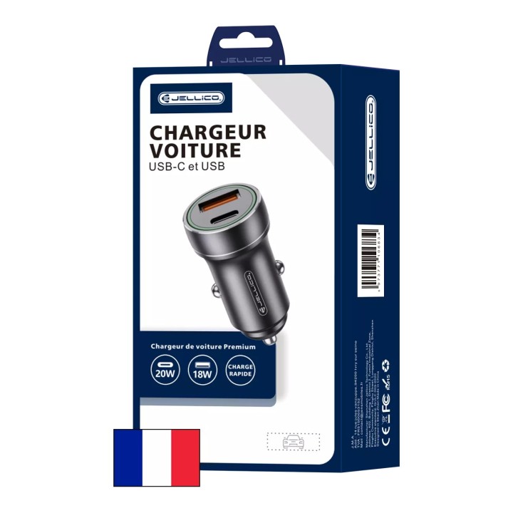 Adaptateur secteur double ports USB (18W) + USB-C/Type C (20W) voiture JELLICO F4 noir