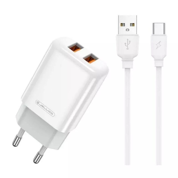 Adaptateur secteur Usb (2.4 A) double port avec cable Usb vers Usb-C JELLICO EU02 blanc