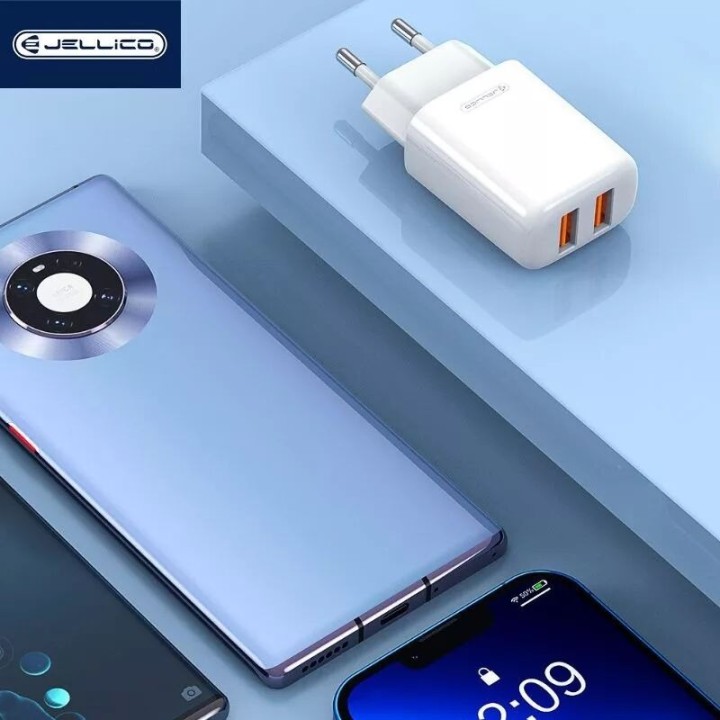 Adaptateur secteur Usb (2.4 A) double port avec cable Usb vers Usb-C JELLICO EU02 blanc