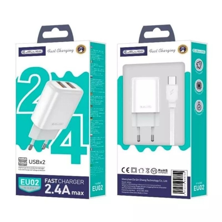 Adaptateur secteur Usb (2.4 A) double port avec cable Usb vers Usb-C JELLICO EU02 blanc