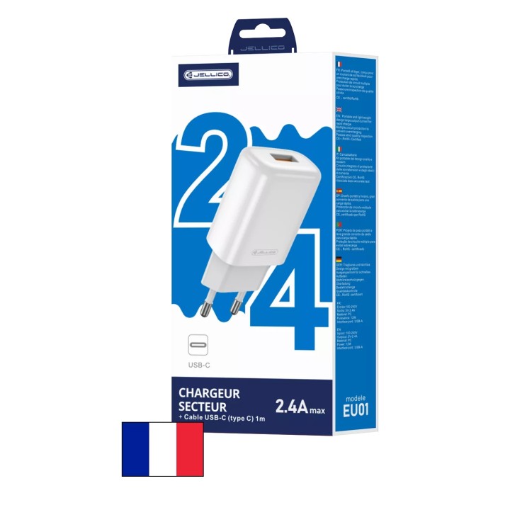 Adaptateur secteur Usb avec cable Usb vers Usb-C (2.4 A) JELLICO EU01 blanc