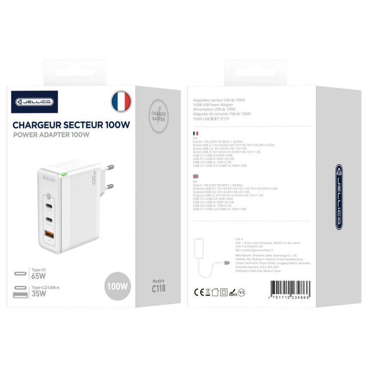 Adaptateur secteur Triple port 2X USB-C + 1X USB (100W) JELLICO C118 Blanc