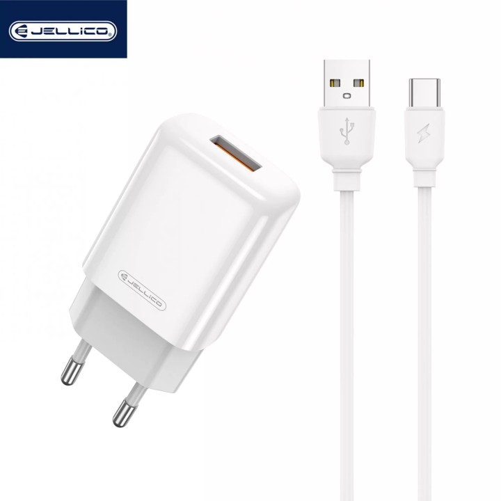 Adaptateur secteur Usb avec cable Usb vers Usb-C (2.4 A) JELLICO EU01 blanc