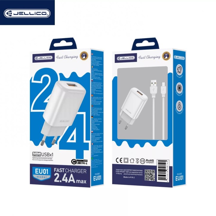Adaptateur secteur Usb avec cable Usb vers Usb-C (2.4 A) JELLICO EU01 blanc