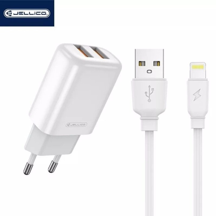 Adaptateur secteur Usb (2.4 A) double port avec cable Usb vers Lightning JELLICO EU02 blanc