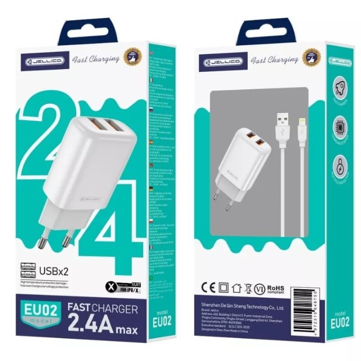 Adaptateur secteur Usb (2.4 A) double port avec cable Usb vers Lightning JELLICO EU02 blanc