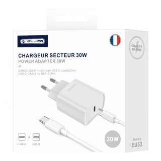 Adaptateur secteur Usb-C avec cable Usb-C/Type C vers Usb-C/Type C (30W) JELLICO EU53 Blanc