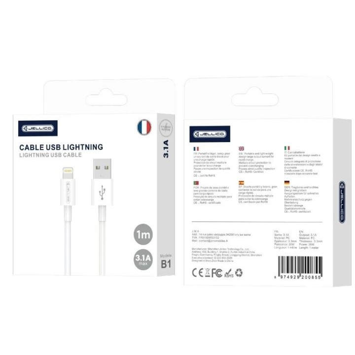 Cable Usb vers Lightning (3.1 A) 1 mètre JELLICO B1 blanc