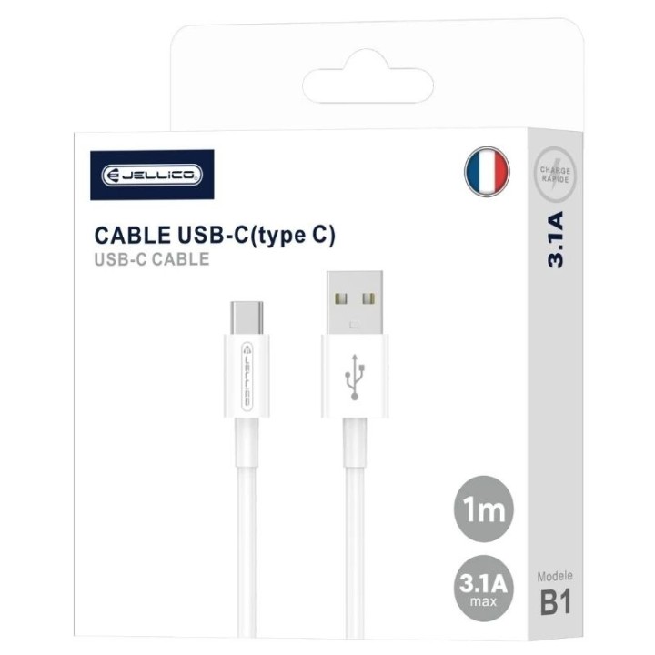 Cable Usb vers Usb-C/Type C (3.1 A) 1 mètre JELLICO B1 blanc
