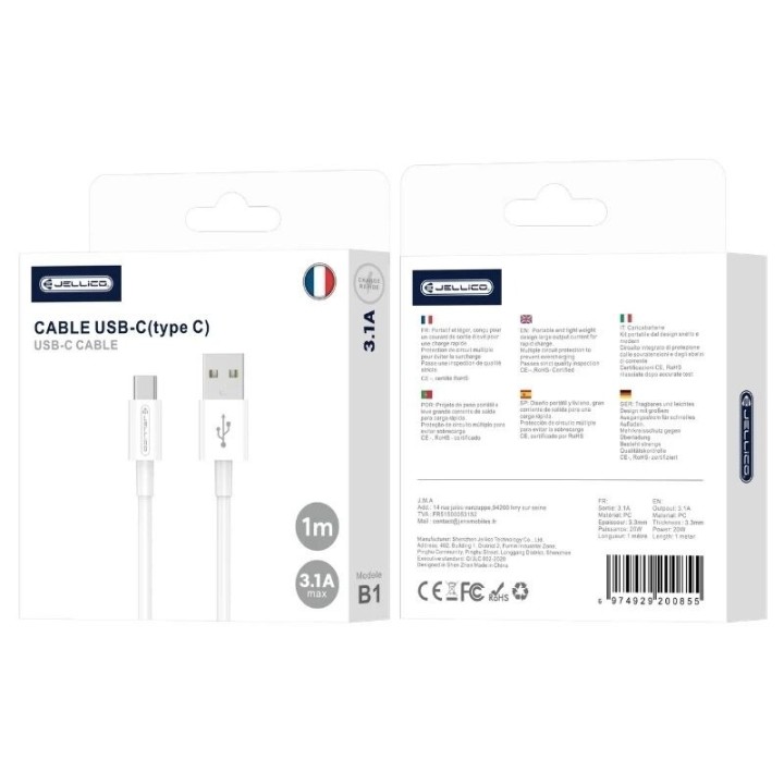 Cable Usb vers Usb-C/Type C (3.1 A) 1 mètre JELLICO B1 blanc
