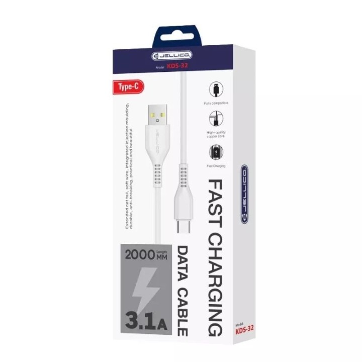 Cable Usb vers Usb-C/Type C (3.1 A) 2 mètres JELLICO KDS-32 blanc