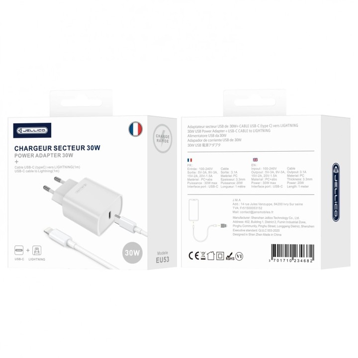 Adaptateur secteur Usb-C avec cable Usb-C/Type C vers Lightning (30W) JELLICO EU53