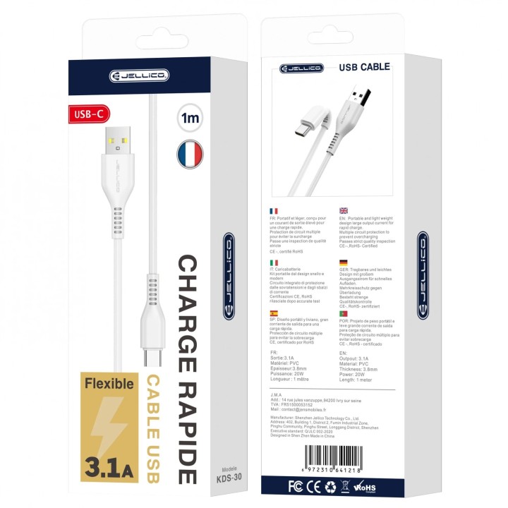 Cable Usb vers Usb-C/Type C (3.1 A) 1 mètre JELLICO KDS-30 blanc