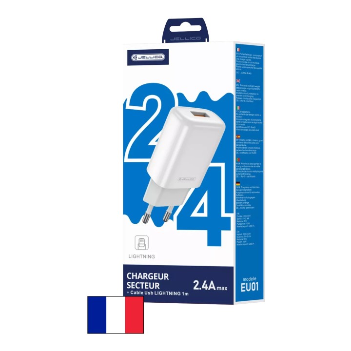 Adaptateur secteur Usb avec cable Usb vers Lightning (2.4 A) JELLICO EU01 blanc