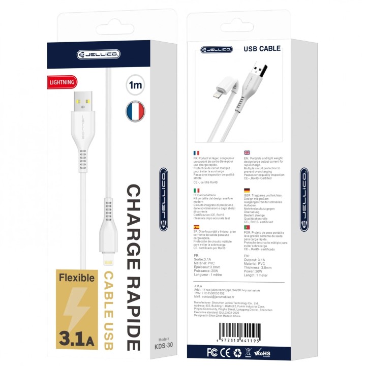 Cable Usb vers Lightning (3.1 A) 1 mètre JELLICO KDS-30 blanc