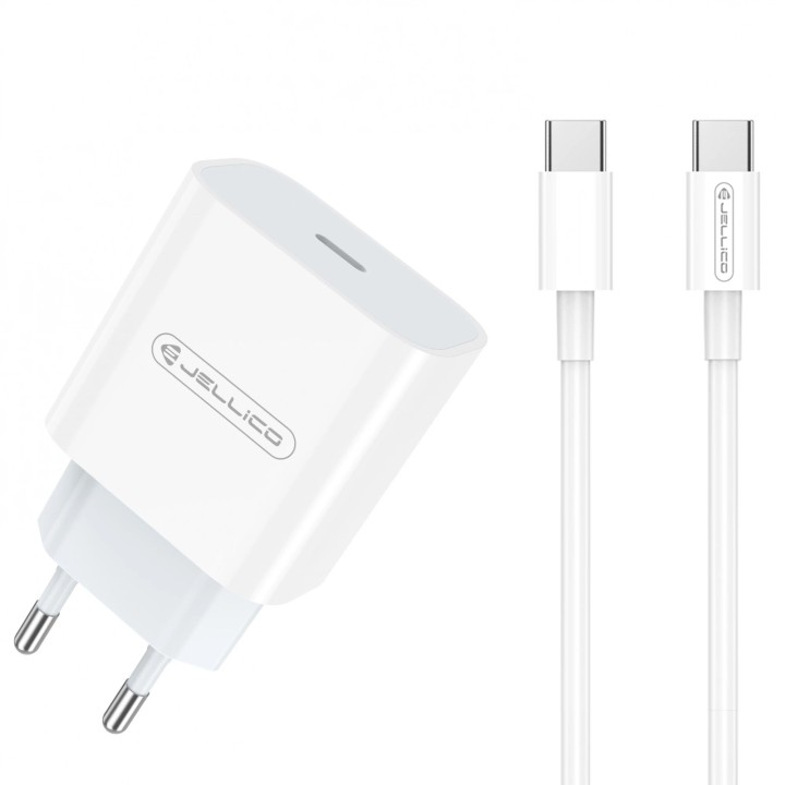 Adaptateur secteur Usb-C avec cable Usb-C/Type C vers Type C (20W) JELLICO AK180 Blanc