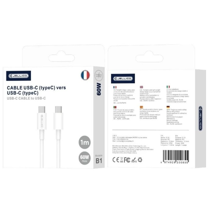 Cable Usb-C/Type C vers Usb-C/Type C (3.1A) 1 mètre JELLICO B1 blanc