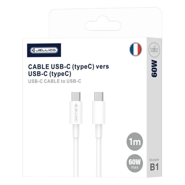 Cable Usb-C/Type C vers Usb-C/Type C iPhone 15 (60w) 1 mètre JELLICO B1 blanc