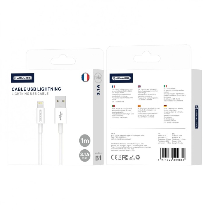 Cable Usb-C/Type C vers Lightning (3.1 A) 1 mètre JELLICO B1 blanc