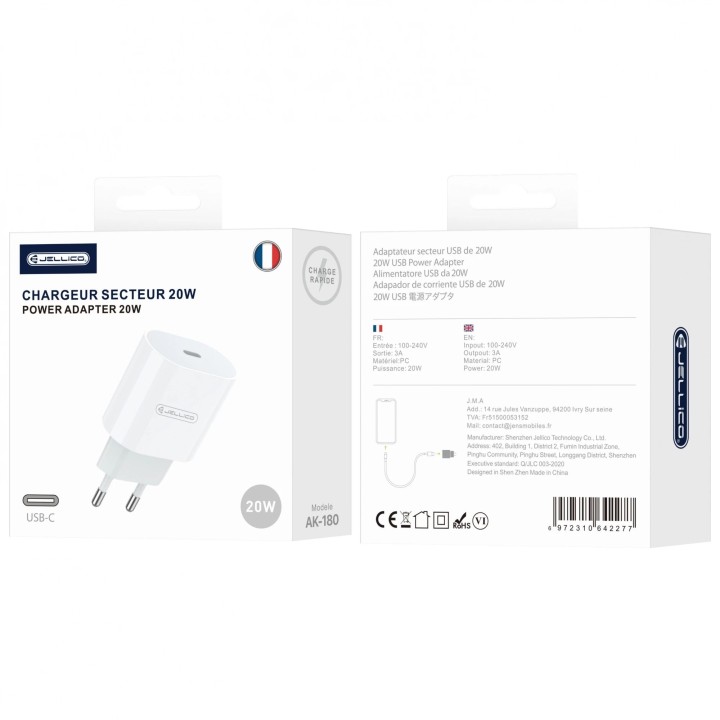 Adaptateur secteur Usb-C avec cable Usb-C/Type C vers Type C (20W) JELLICO AK180 Blanc