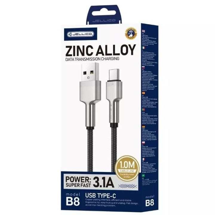Cable Usb-C/Type C vers Usb-C/Type C (3.1A) 1 mètre avec embouts en Zinc JELLICO B8 noir