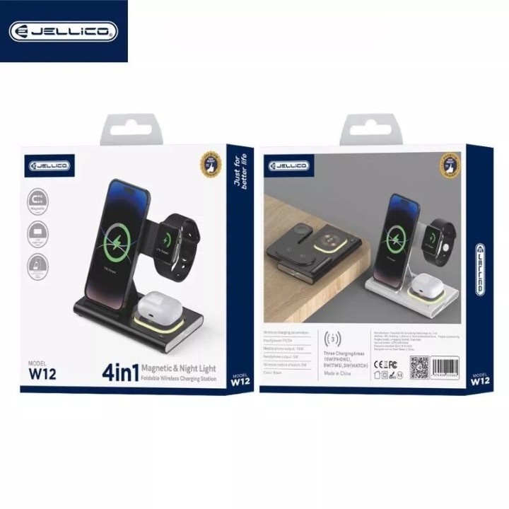 Station de charge sans fil 4 en 1 pour smartphone / écouteurs / montres / LED JELLICO W12 noir
