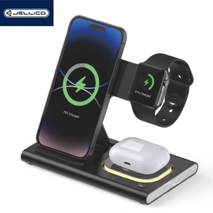 Station de charge sans fil 4 en 1 pour smartphone / écouteurs / montres / LED JELLICO W12 noir