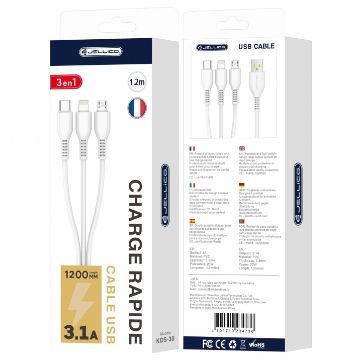 Cable Usb 3 en 1 (Usb-C/Type C, Lightning, Micro Usb) JELLICO KDS-33 blanc