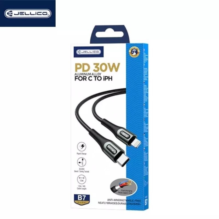 Cable Usb vers Lightning (3.1A) 1 mètre avec embouts en Alluminium JELLICO B7 noir