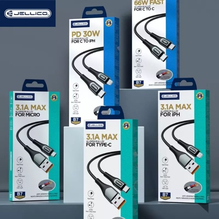Cable Usb vers Lightning (3.1A) 1 mètre avec embouts en Alluminium JELLICO B7 noir
