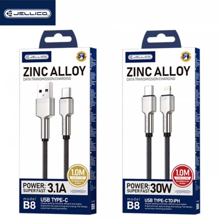 Cable Usb-C/Type C vers Lightning (3.1A) 1 mètre avec embouts en Zinc JELLICO B8 noir