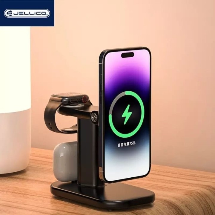 Station de charge sans fil 3 en 1 pour smartphone / écouteurs / montres JELLICO W13 noir