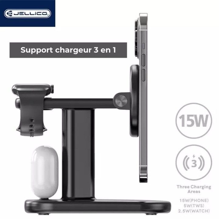 Station de charge sans fil 3 en 1 pour smartphone / écouteurs / montres JELLICO W13 noir