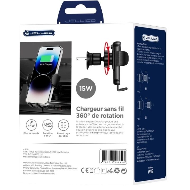 Support voiture chargeur à induction magnétique JELLICO W18 noir