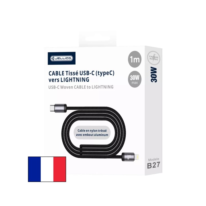 Cable Usb-C/Type C vers Lightning (30W) 1 mètre avec embouts en Aluminium JELLICO B27 noir