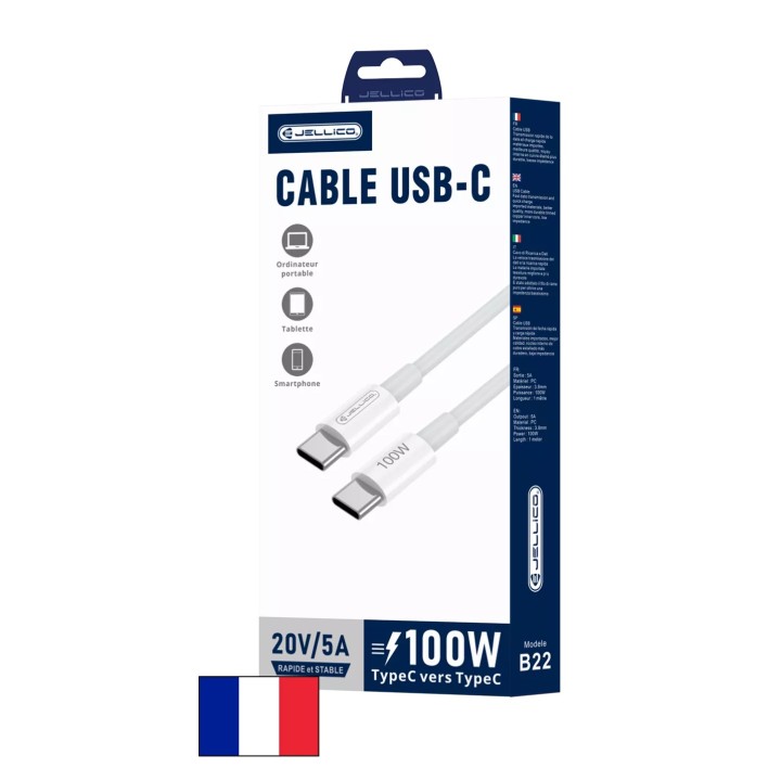 Cable Usb-C/Type C vers Usb-C/Type C (100W) 1 mètre JELLICO B22 blanc