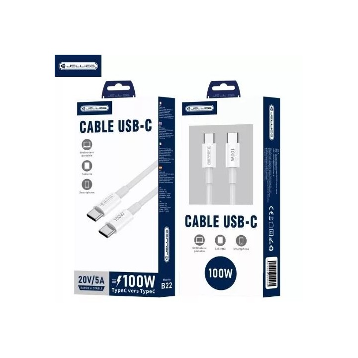 Cable Usb-C/Type C vers Usb-C/Type C (100W) 1 mètre JELLICO B22 blanc