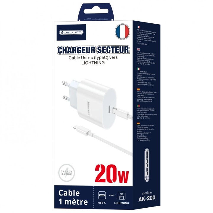 Adaptateur secteur Usb-C avec cable Usb-C/Type C vers Lightning (20W) JELLICO AK200 blanc