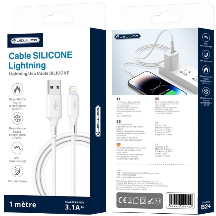 Cable Usb vers Lightning (3.1 A) 1 mètre JELLICO B24 blanc