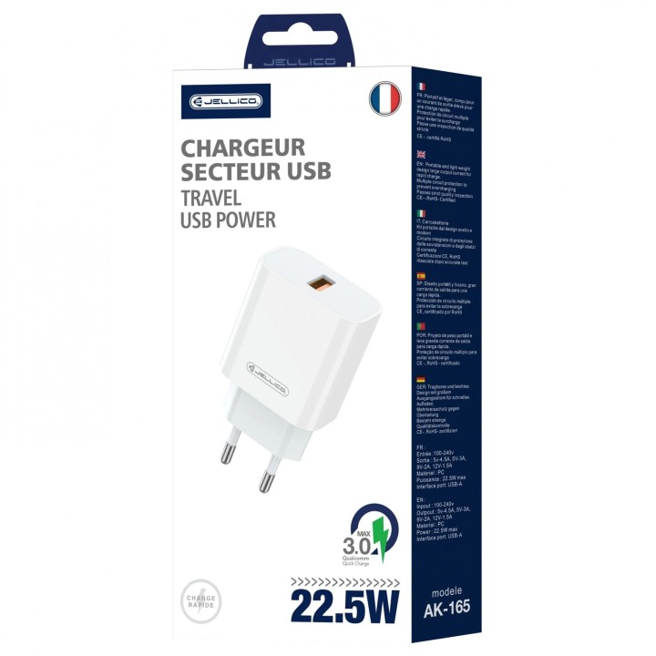 Adaptateur secteur USB-A (22.5W) JELLICO AK165 blanc