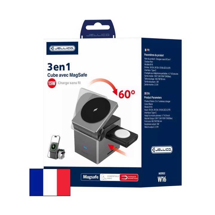 Station de charge sans fil 3 en 1 pour smartphone / écouteurs / montres JELLICO W16 noir